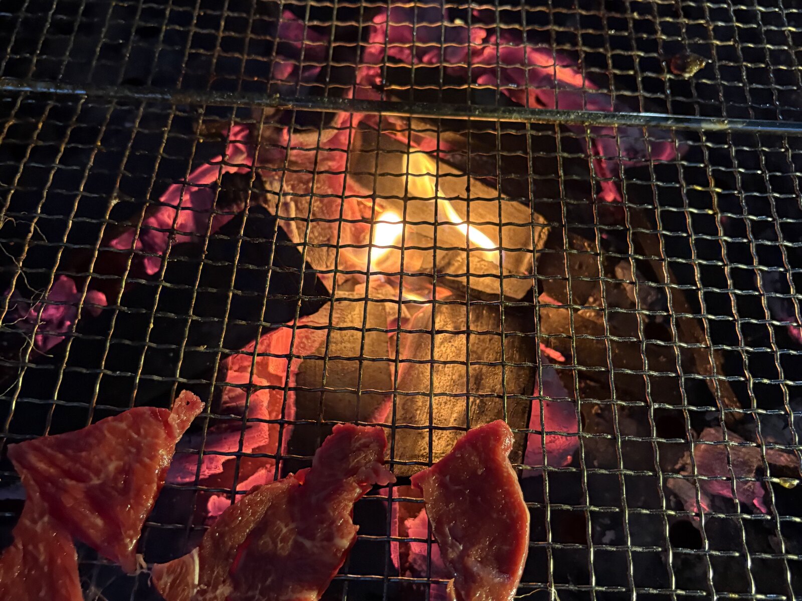 網の下で赤く熾る炭。炎も煙も上がっていない